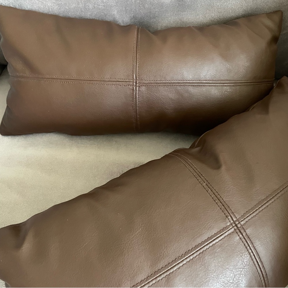 Set of Four Faux Leather Throw Pillows in Brown and Tan - Picture 6 of 9